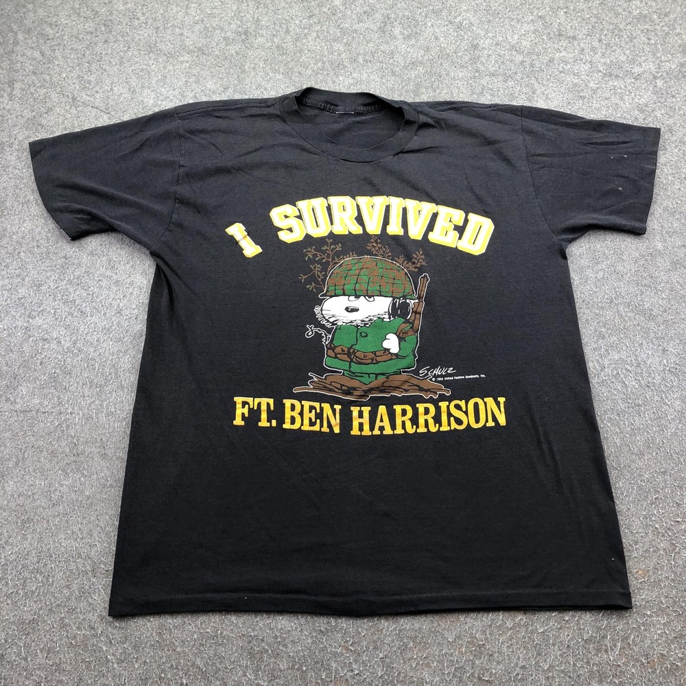 Vintage Peanuts Snoopy Ft Ben Harrison Shirt Mens Large Black I Survived 80s