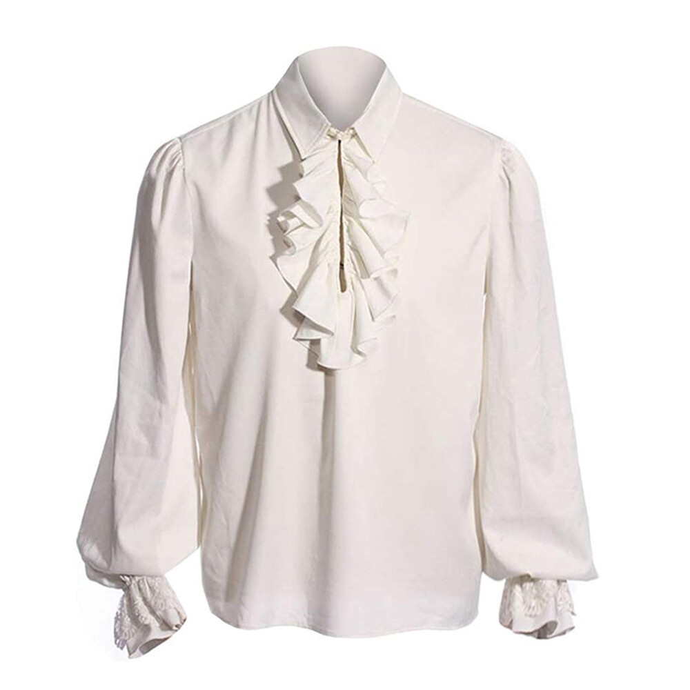 Mens Victorian Medieval Shirt Long Puff Sleeves Ruffle Collar Tops Blouse Basic gallery