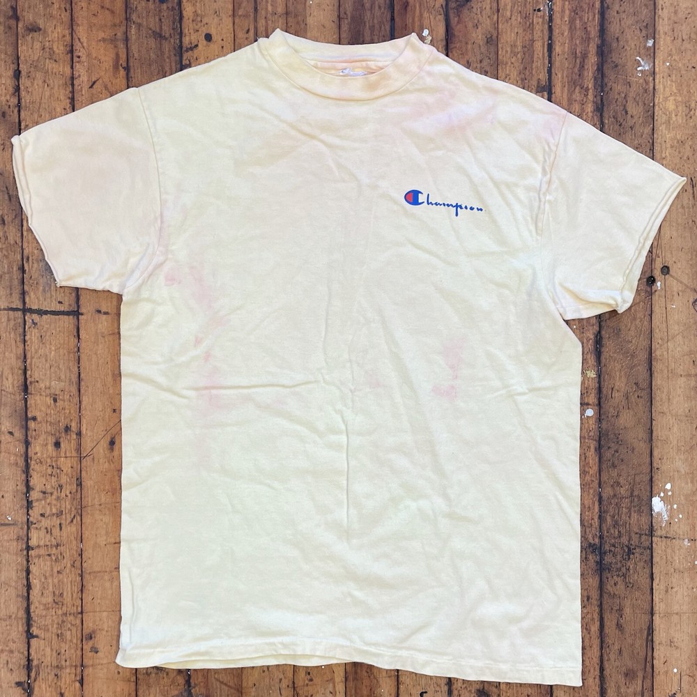 Vintage Champion Script Logo Pale Yellow Classic T-Shirt Made In The USA