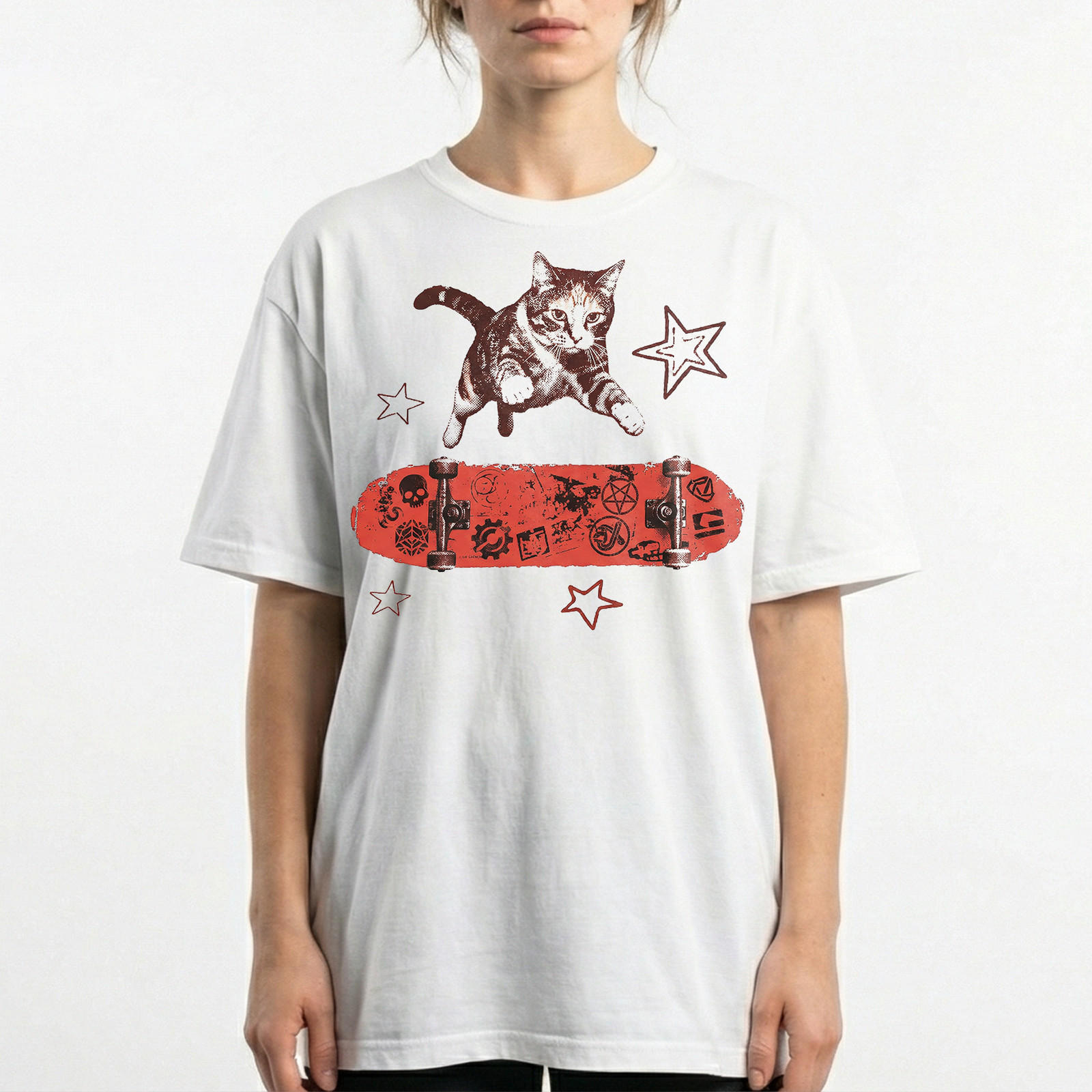 Red Skater Cat Symbols Skateboard T-Shirt Retro Punk Skull Streetwear Kitty Tee gallery
