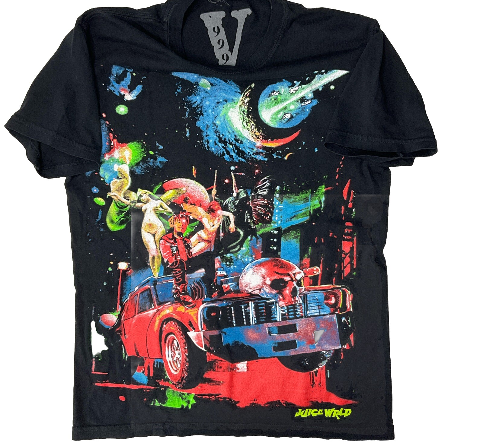 Juice Wrld x Vlone Shirt Men S Cosmic Racer Galaxy Print Double Sided Crewneck gallery