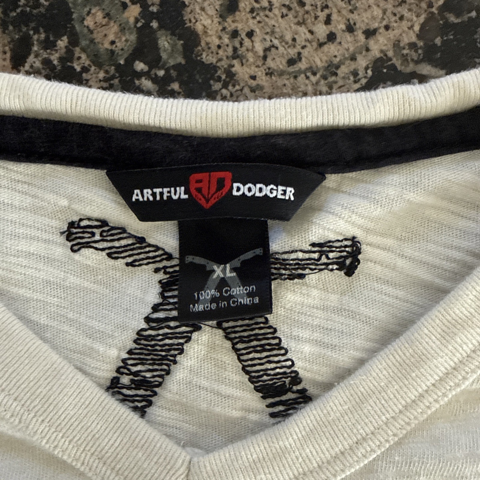 Artful Dodger Shirt Mens XL V-Neck Slub Y2K Embroidered Jeweled Eagle Bull Logo gallery