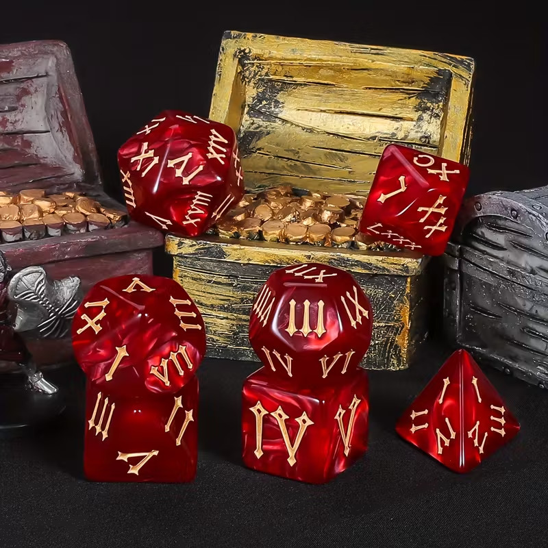 CIARAQ 7pc Red DND Dice Set with Roman Numerals & d20, d12, d10, d8, d6, d4,d%