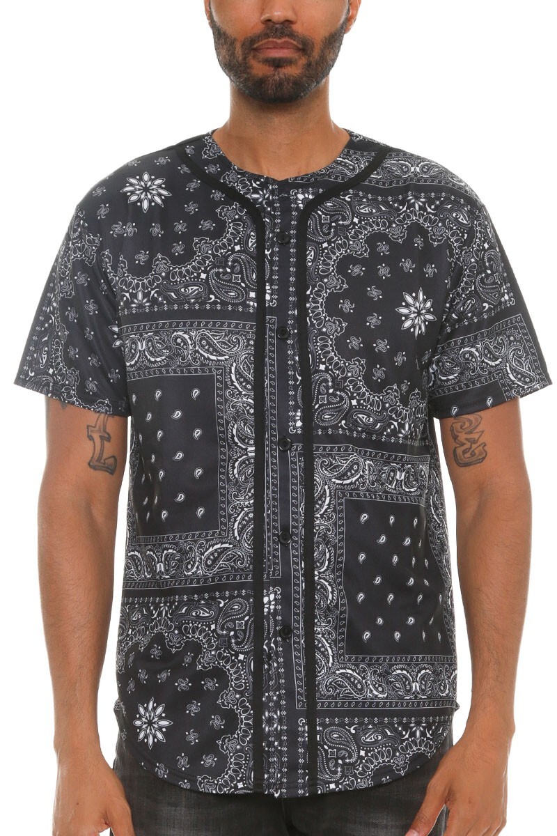 Mens Baseball Classic Jersey Bandana Paisley Button Down Tee Shirt gallery