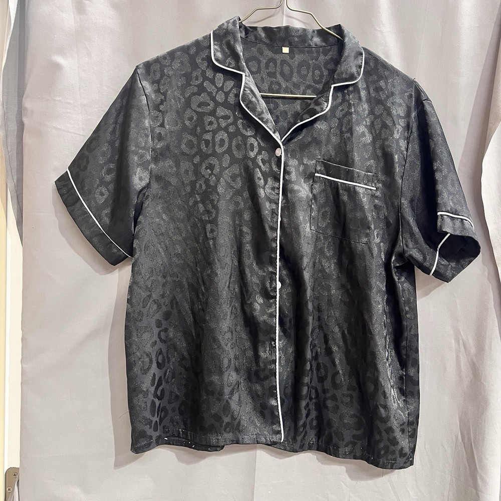 Leopard Jacquard Contrast Piping Satin PJ Shirt Size M TG2111 Retro Casual Y2K