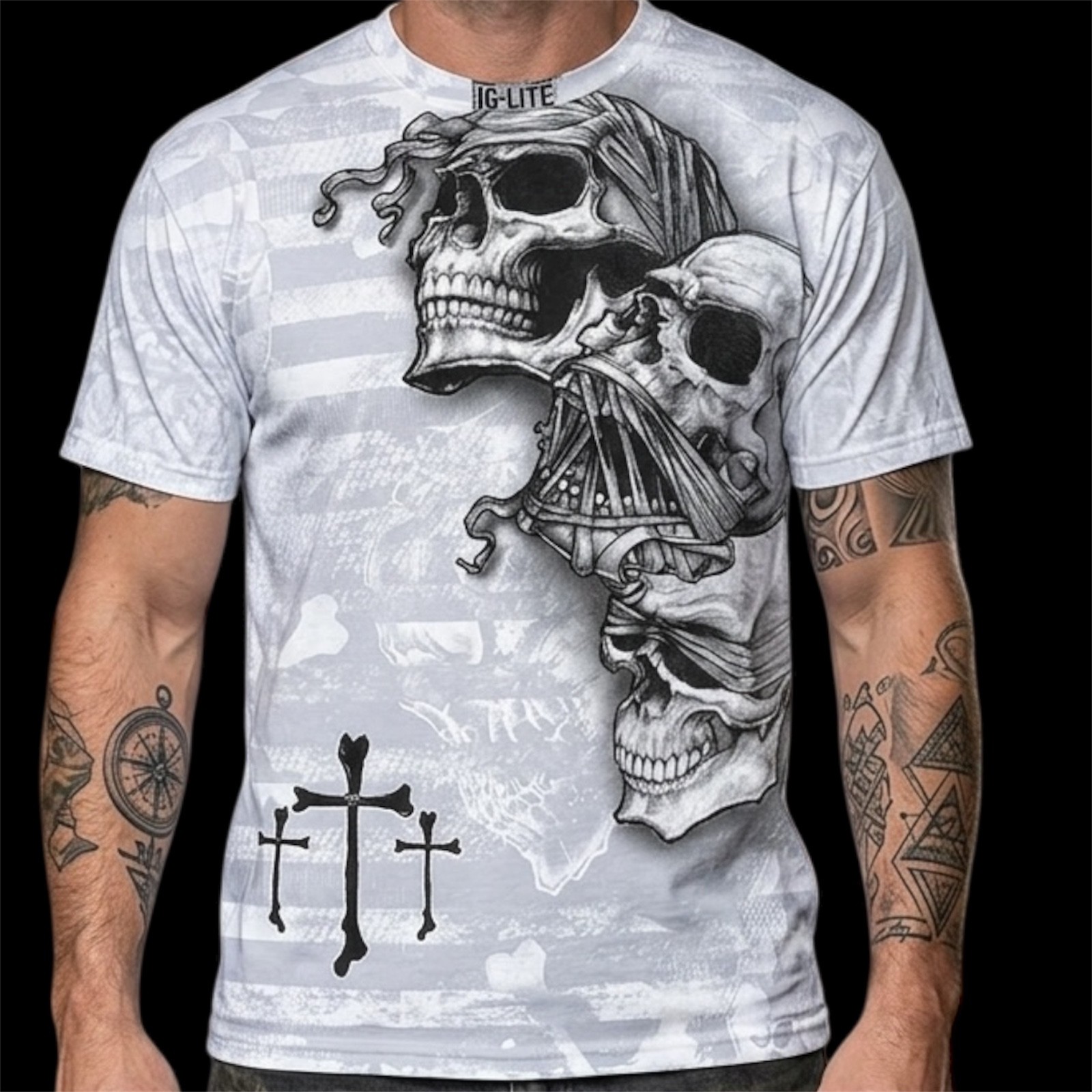 Rare MMA ELITE White Black Skulls Cross Short Sleeve Y2K MENS T-shirt 2XL NWT gallery