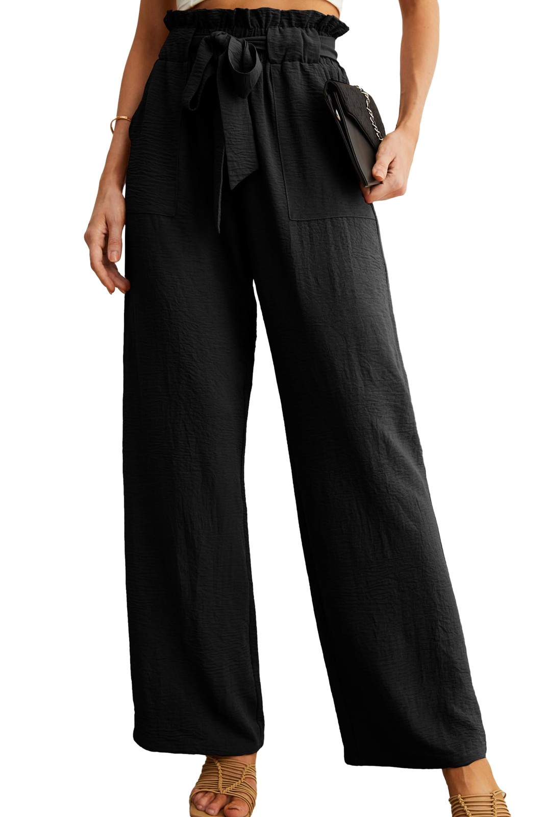 Women's Wide Leg Pants with Pockets High Waist Adjustable Knot Loose Casual T... gallery