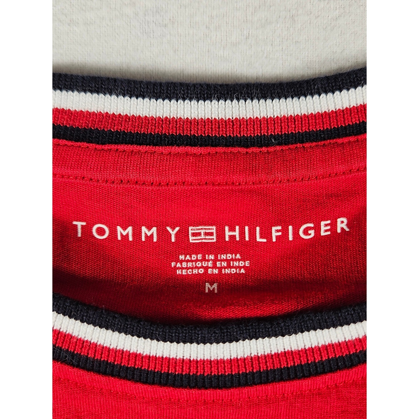 Tommy Hilfiger Mens Red T-Shirt Crew Neck Striped Collar Flag Logo 78JB130 M gallery