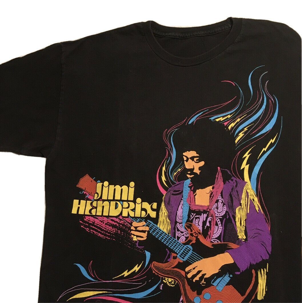 JIMI HENDRIX Black T-shirt, Blue Purple Pink Yellow Graphic, Guitar, Size L (?) gallery