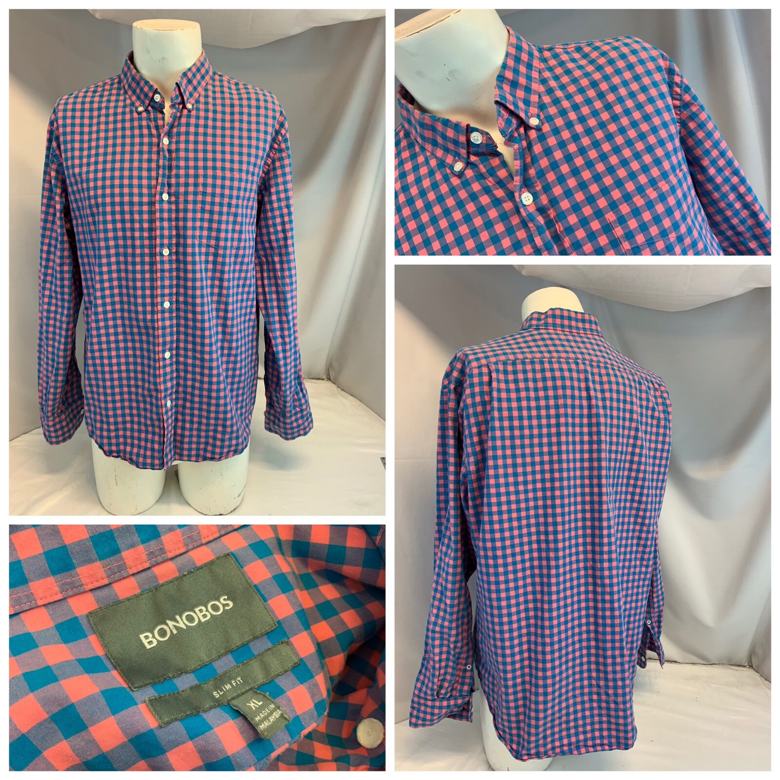 Bonobos Slim Fit Oxford Shirt XL Men Pink Blue Gingham Cotton Mint YGI G0-306
