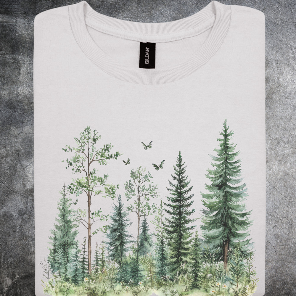 Forest Trees Shirt Watercolor Pine Nature Landscape Birds Tshirt gray gallery