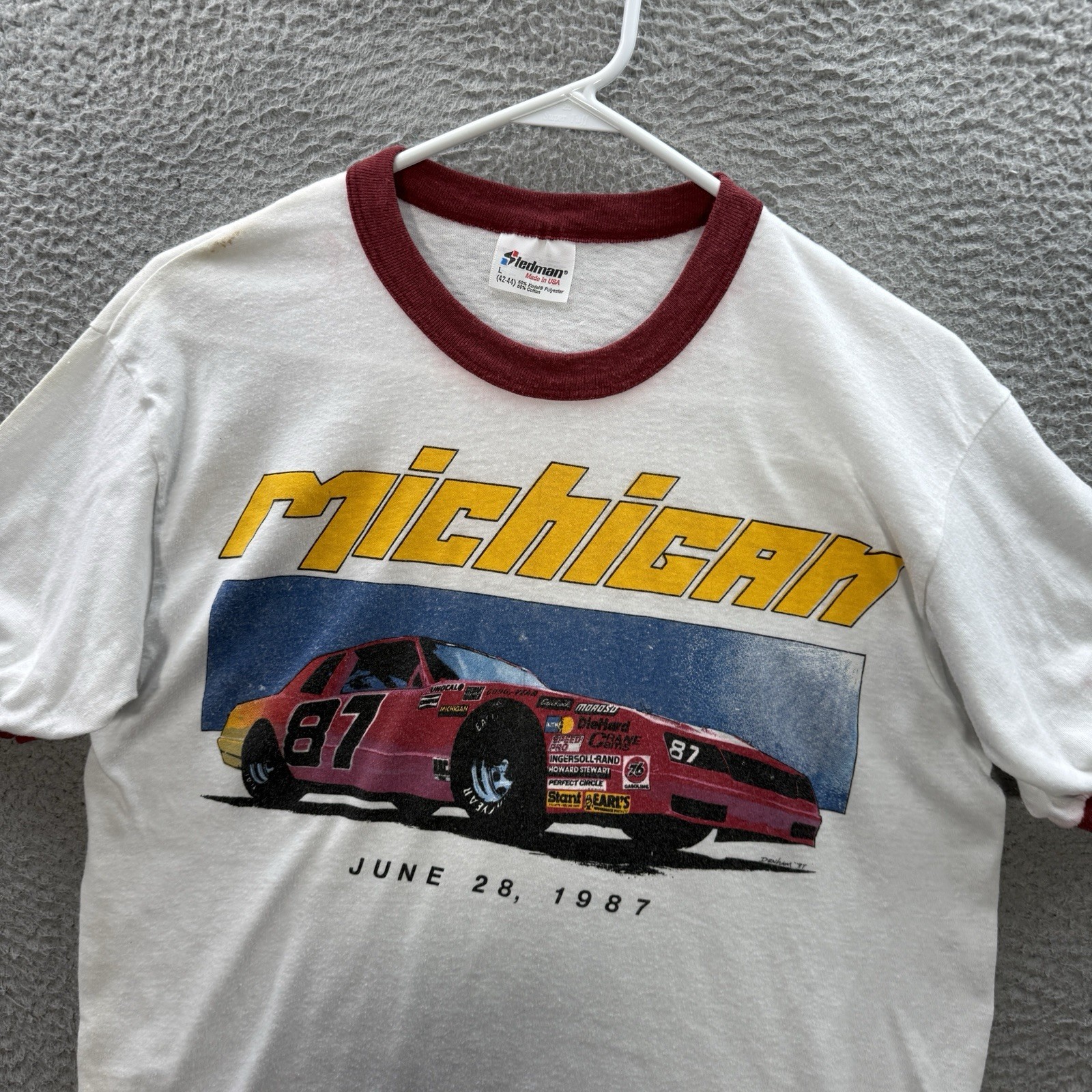 Vintage Stedman Shirt Adult Large White Ringer Stock Car Racing Grunge 80s Mens gallery
