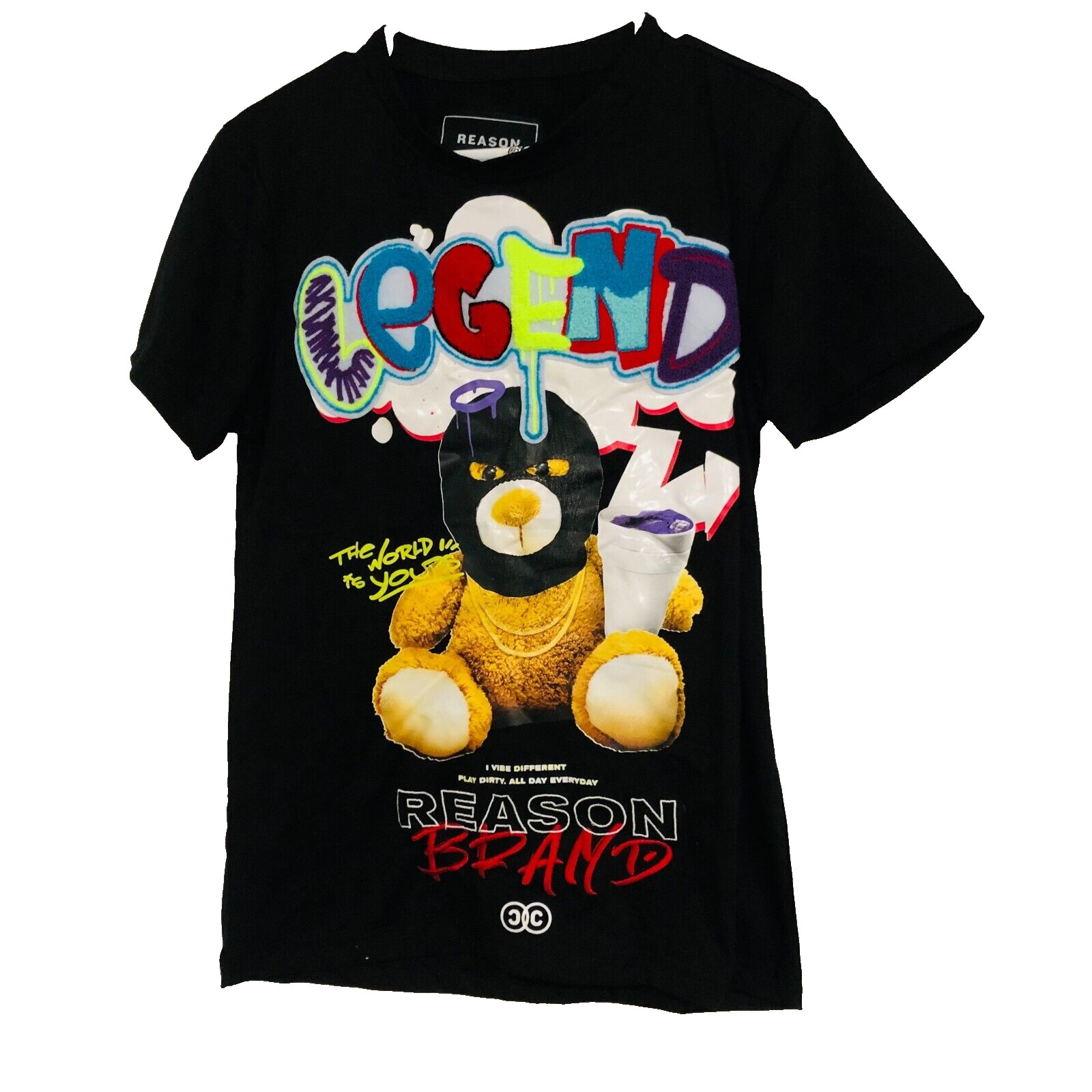 Reason Legend Bear Chenille Men's Tee Crew Neck Short Sleeve Black Small NWT gallery