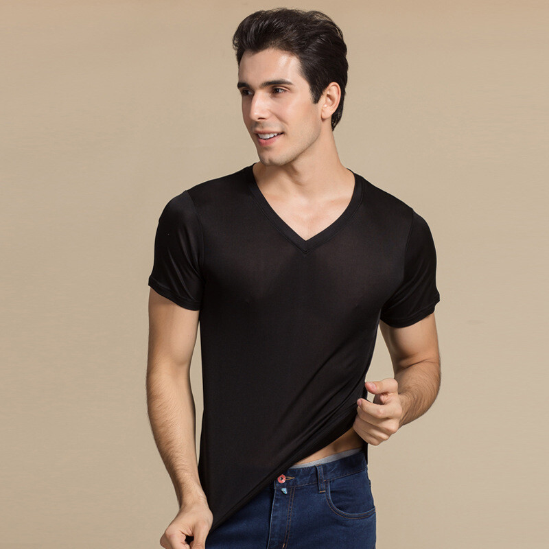 Men 100% Mulberry Silk Knitted V Neck T Shirts Underwear Short Sleeve Tops Shirt gallery