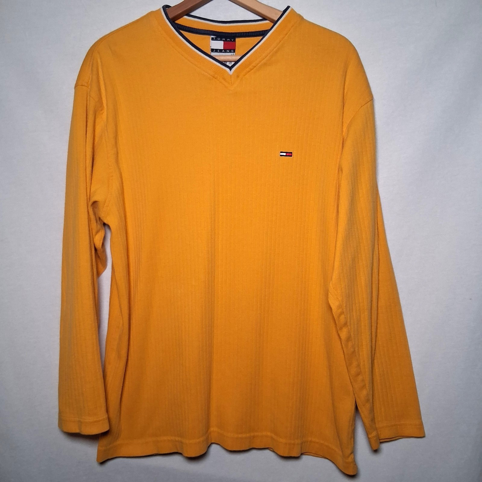 Vintage 1990s Tommy Jeans Shirt Men L Ribbed Knit Gold Long Sleeve V Neck gallery