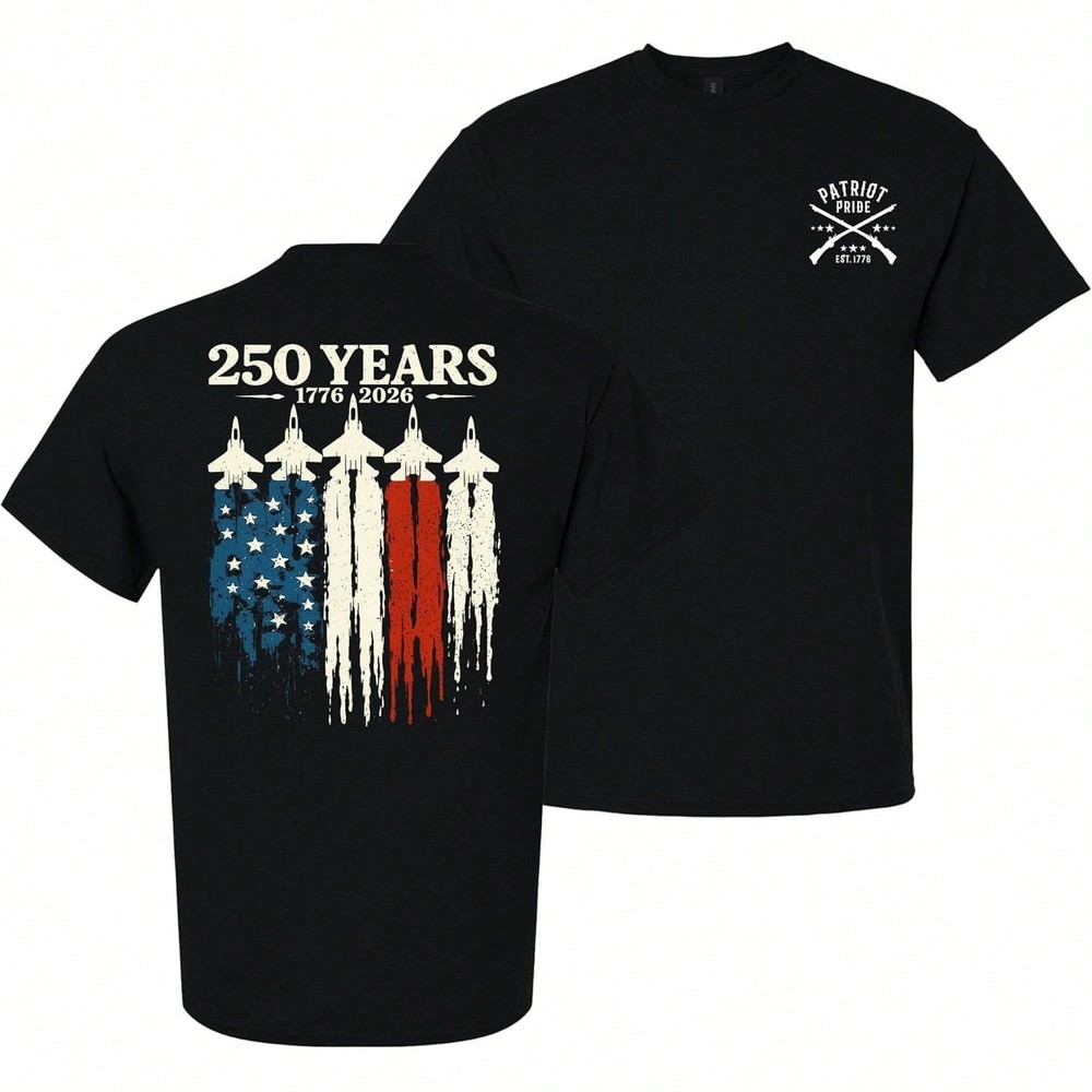 Patriot Pride Men’s Tee, 250 Years America 1776-2026 Jet Flag Anniversary Print