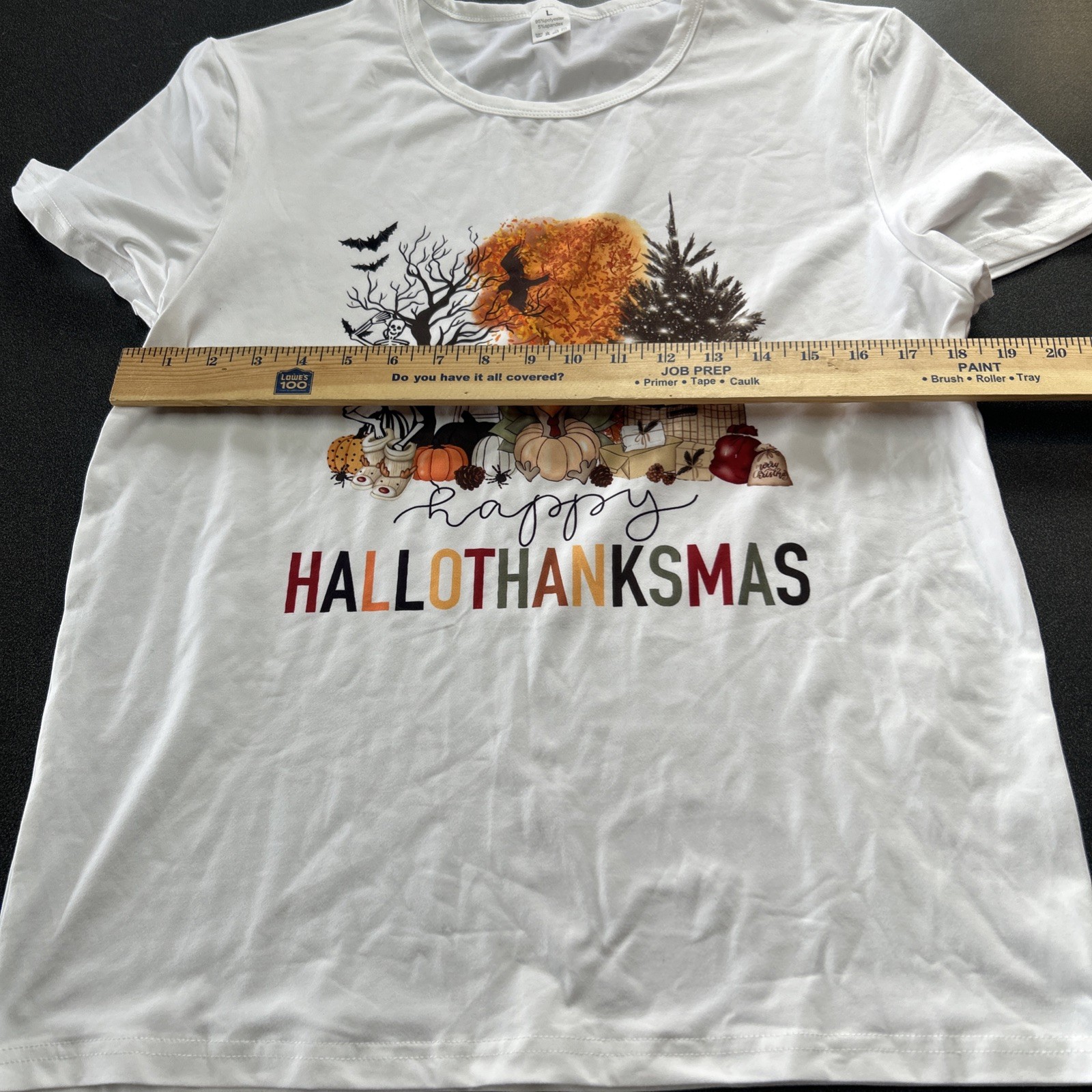 Happy HalloThanksMas Shirt Fall Size L Thanksgiving Christmas Pumpkins Trees gallery