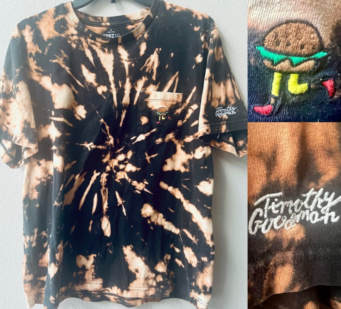 Uniqlo SPRZ NY Timothy Goodman Hamburger Guy Logo Brn/Tan Tie Dye Tee Mens Sz.M gallery