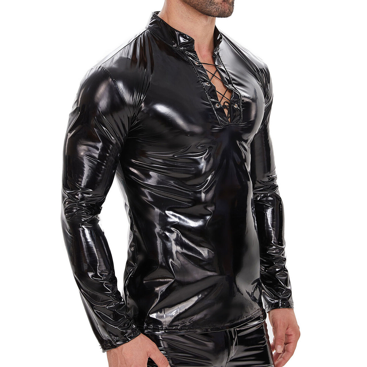 Men PVC Leather Shirts Blouse Slim Wet Look Long Sleeve Latex Top Shiny Clubwear gallery