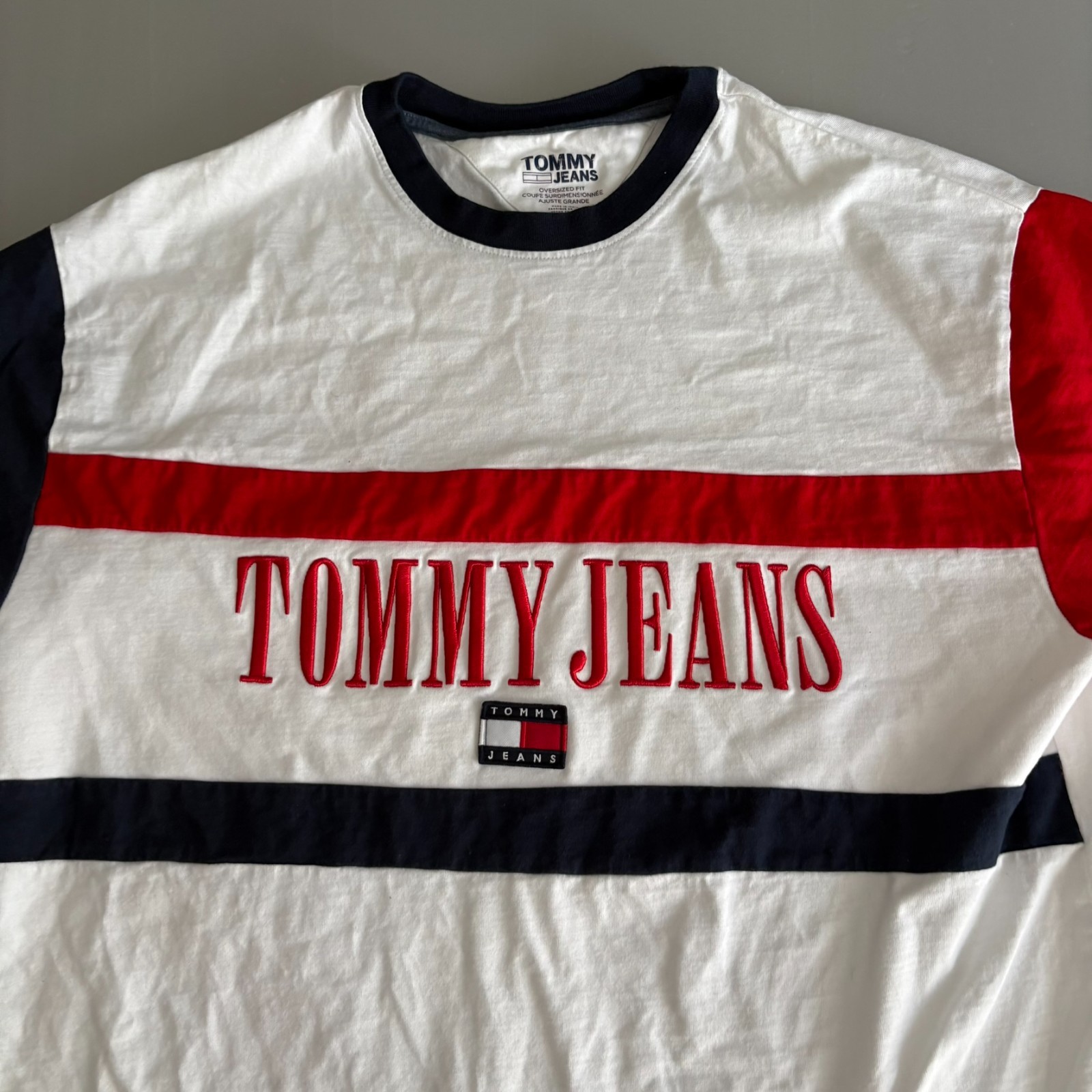 Tommy Jeans Oversized Fit Color Block T-Shirt L Flag Logo Embroidered VTG 90 80 gallery