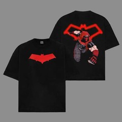 Retro Red Hood Flat Solid Red Bat Symbol Front Chest Print & Neon Red Bat