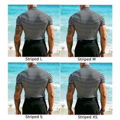 Men Stripe Turtleneck Short Sleeve Slim Pullover Tee 95% Polyester 5% Spandex