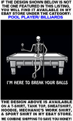 BE AFRAID BE VERY AFRAID Skull Skeleton Girl Billiards Pool Player T-shirt