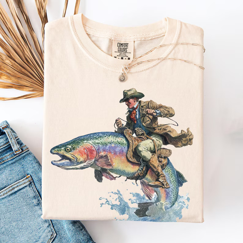 Cowboy Riding Rainbow Trout Fishing Comfort Tee