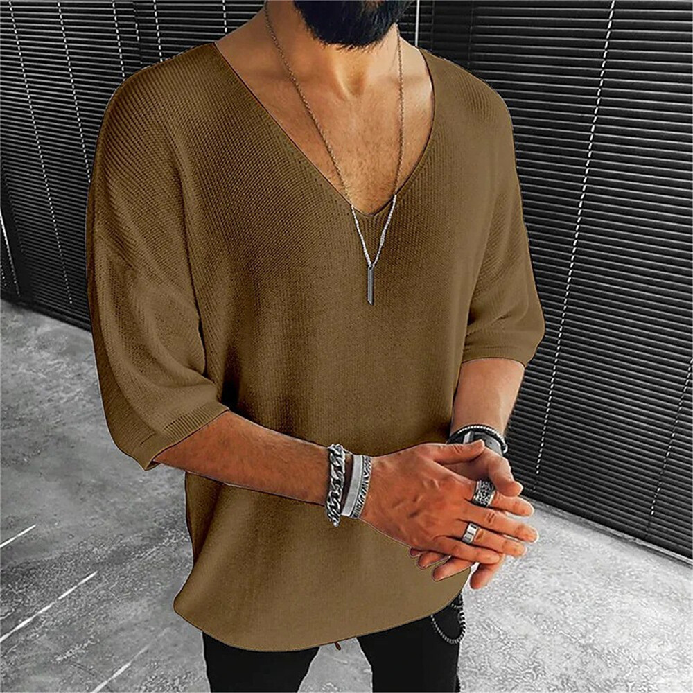 Men's Knitted Short Sleeve T-Shirt Classic Casual Slim Fit V-Neck Shirts gallery