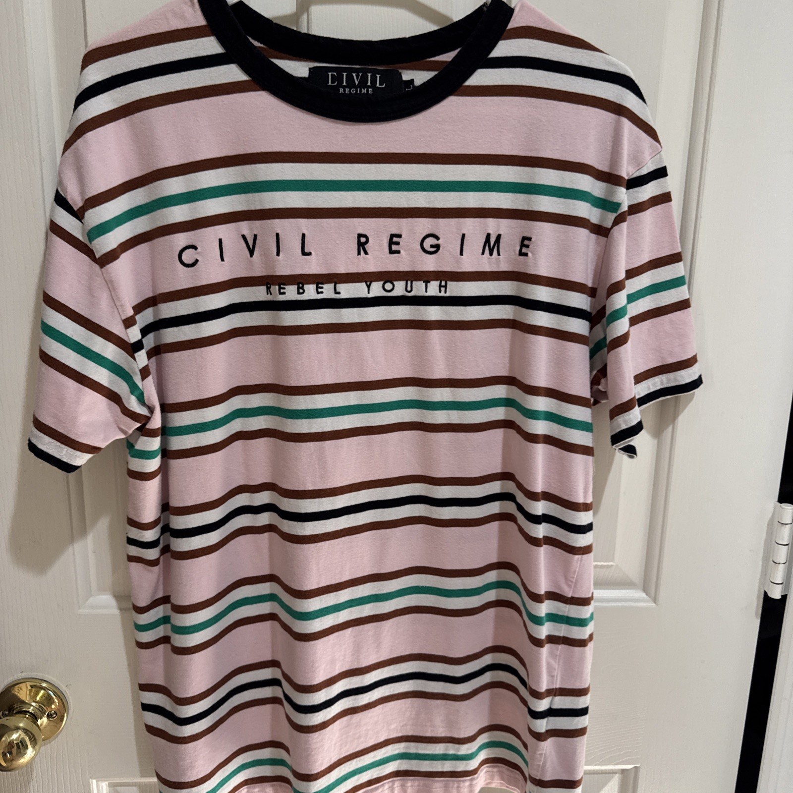 Civil Regime Striped T-Shirt Pink Men’s Sz LG Trendy Crew Neck Streetwear EUC gallery