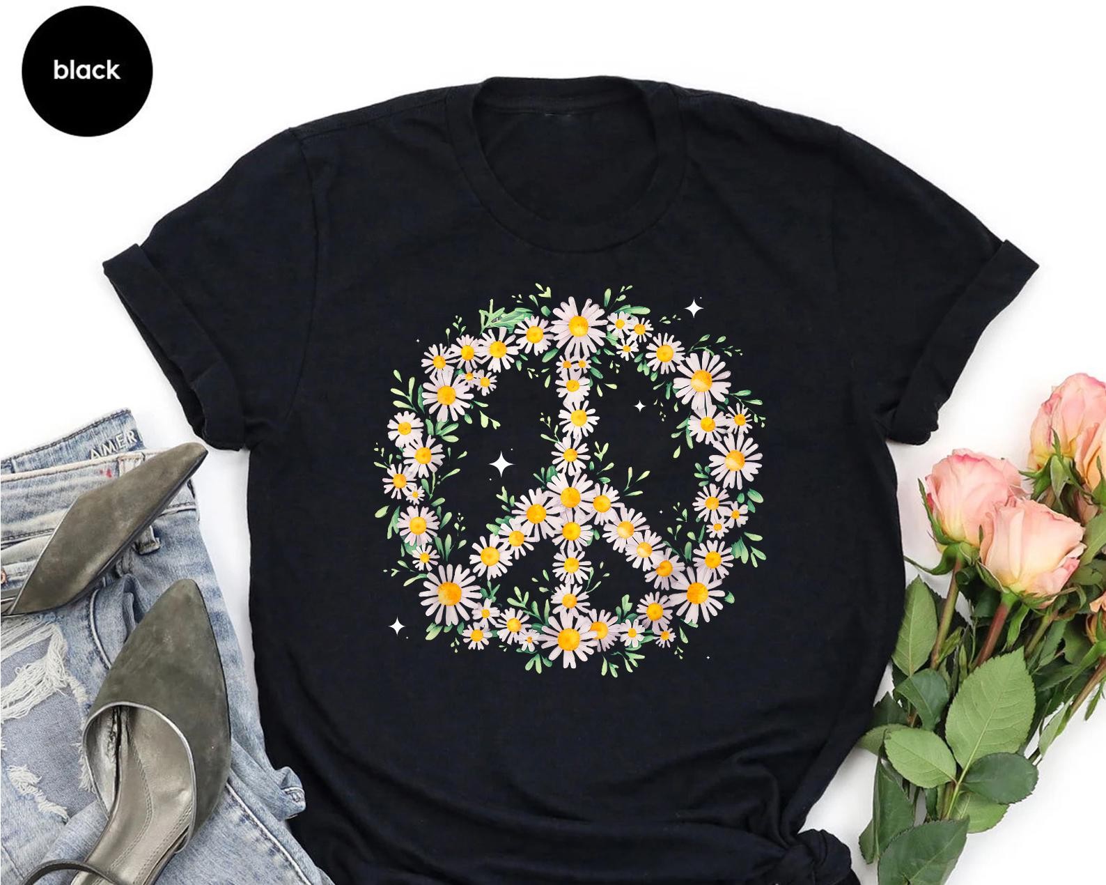 Hippie Peace Sign Daisy Flower Power Boho Retro Shirt Women gallery
