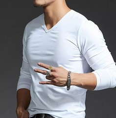 Casual Plain Cotton Tee Men’s Long Sleeve V-Necked T-Shirt –