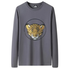 Fashion Leopard Rhinestones Diamond Long Sleeve Luxury Men Trend Cotton T-Shirt