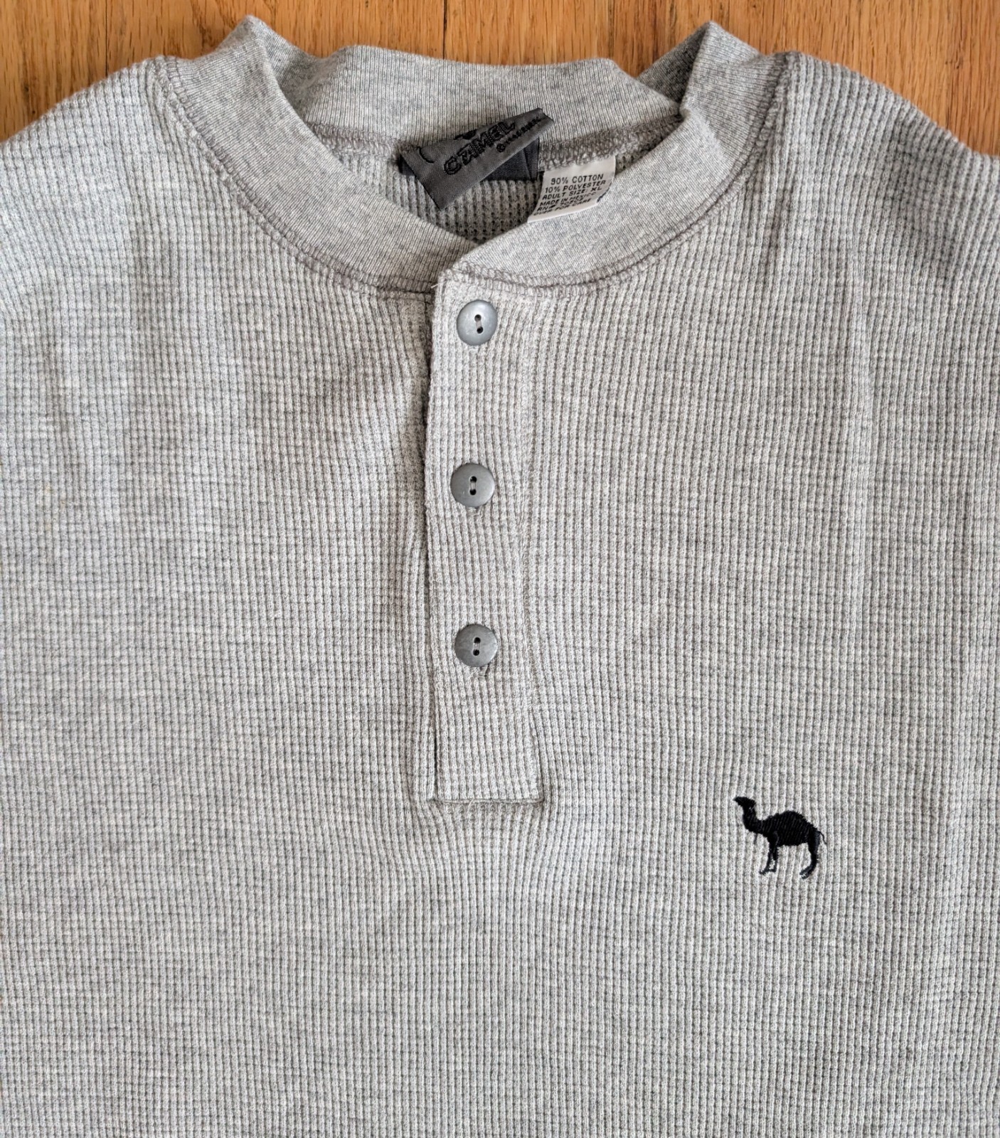 Vintage Camel Henley Shirt Mens XL Gray Waffle Thermal Long Sleeve Embroidered gallery