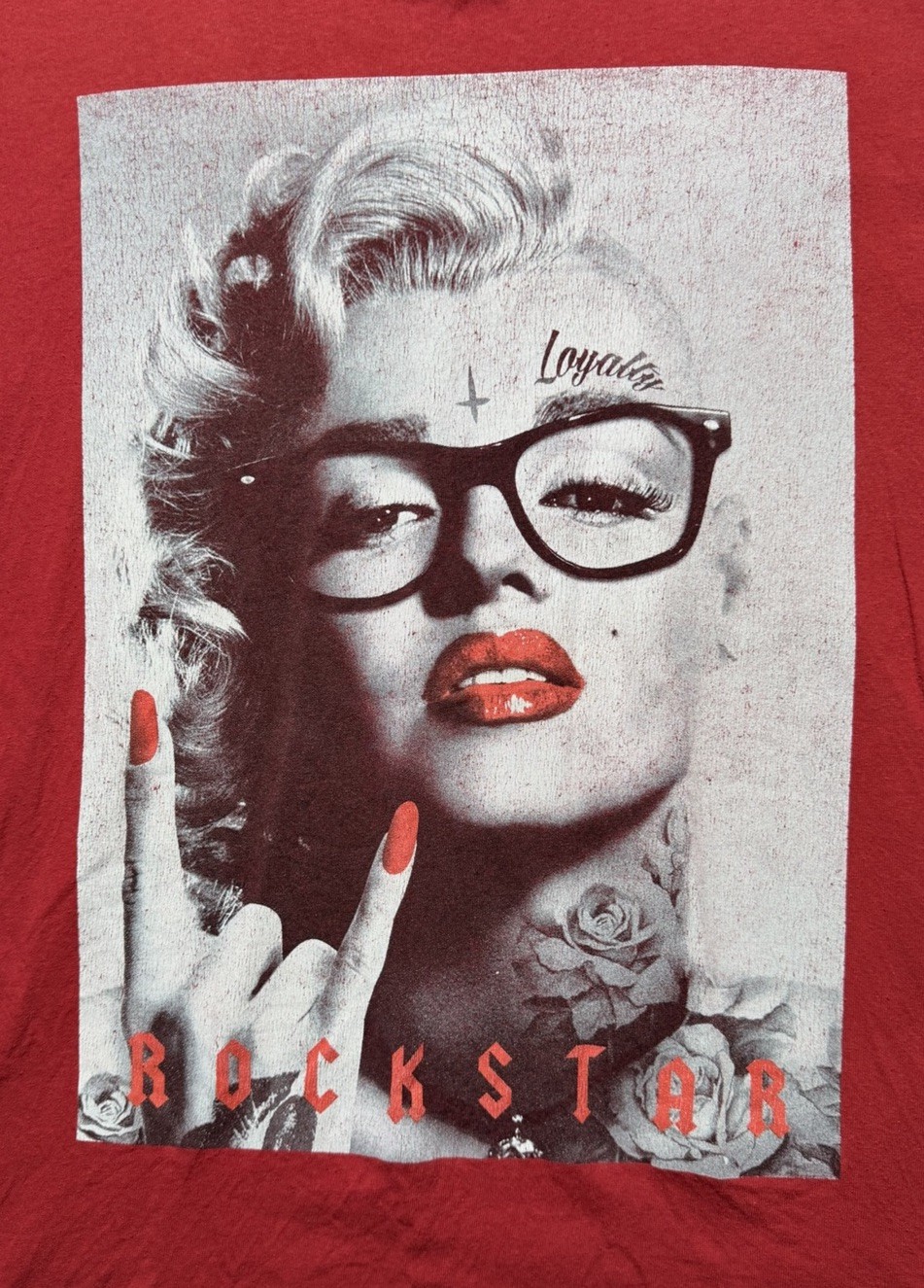 Y2K Rockstar XL Graphic Tee Red Edgy Tattoo Model Grunge Distressed Oversized gallery