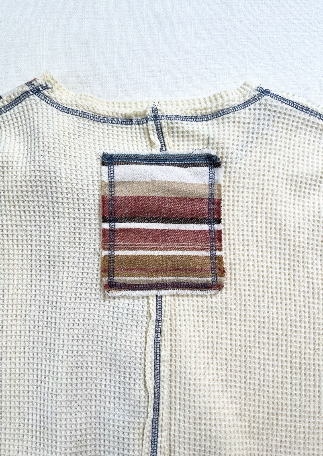 POL Mens Sz M Oversized Henley Tan waffle Knit Mixed Striped Fabric (flaw) gallery