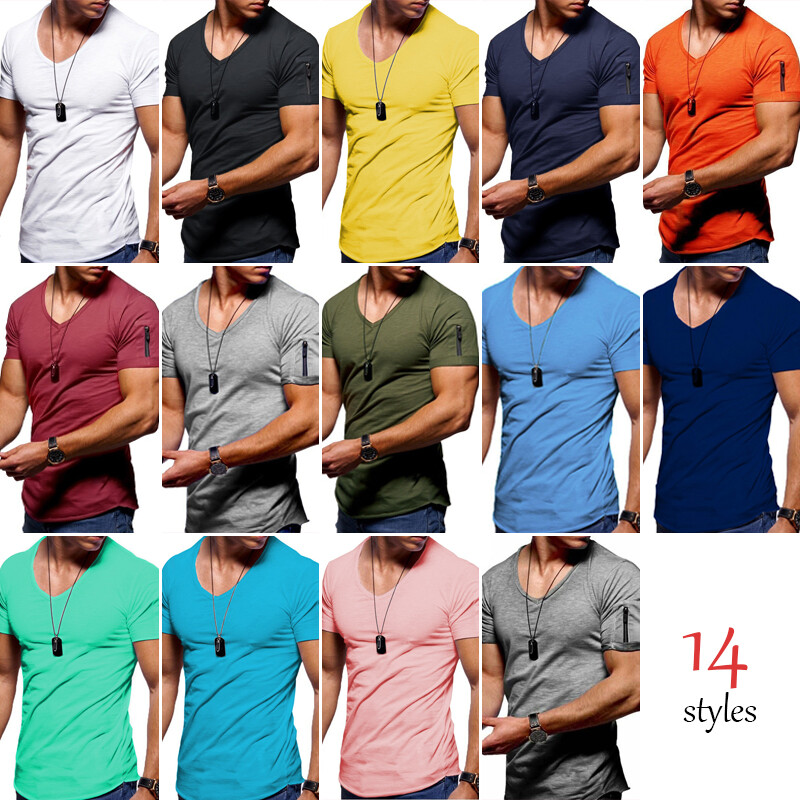 Mens Slim Fit Muscle T Shirt Tops Summer Casual V Neck Short Sleeve Blouse Tee gallery