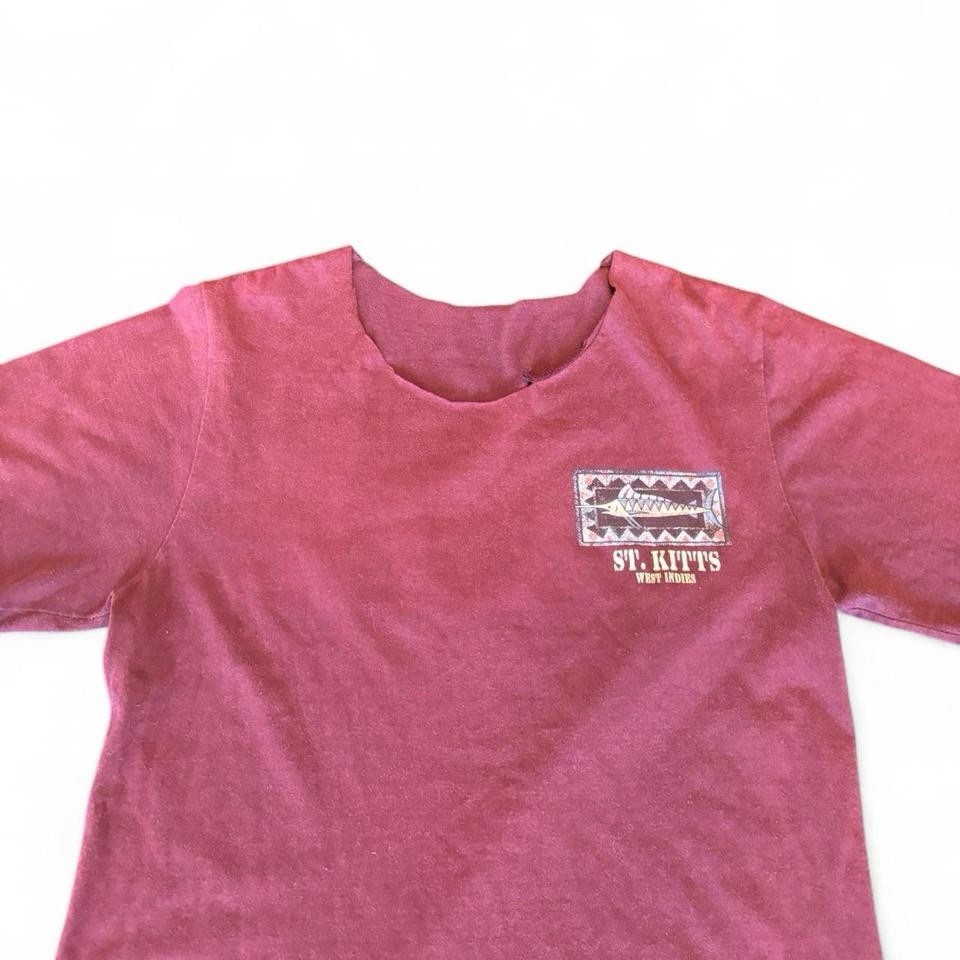 Vintage Single Stitch St. Kitts Tourist Tee Distressed Cut Collar Burgundy M gallery