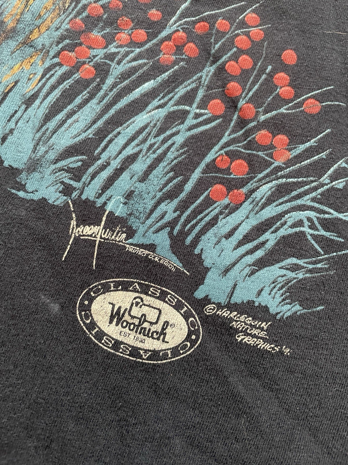 Vtg 90s Woolrich Deer Hunt T-Shirt Black Men’s XXL Single Stitch Harlequin Print gallery