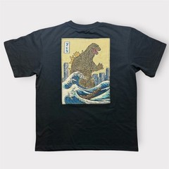 Godzilla Great Wave Tapestry Patch Graphic T-Shirt Black Mens Large Kaiju Tee