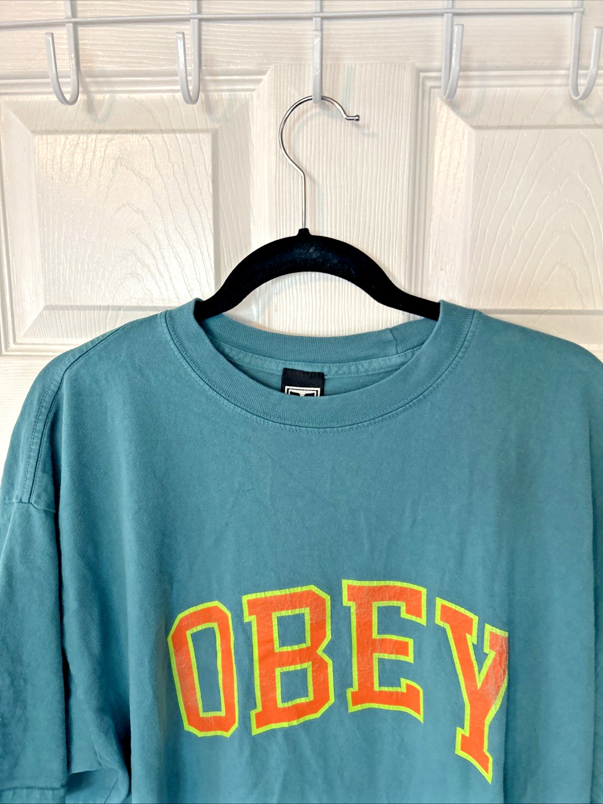 Vintage OBEY Men's XL Teal Green W/ Orange/ Lime Green Graphic Logo T-Shirt gallery