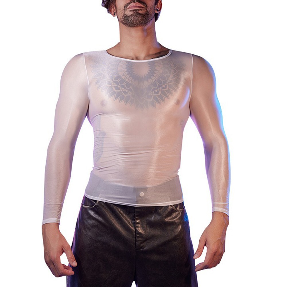 Long Sleeve Men's Sexy Lingerie Top O Neck Tight Sheer Shirts Oil Shiny gallery