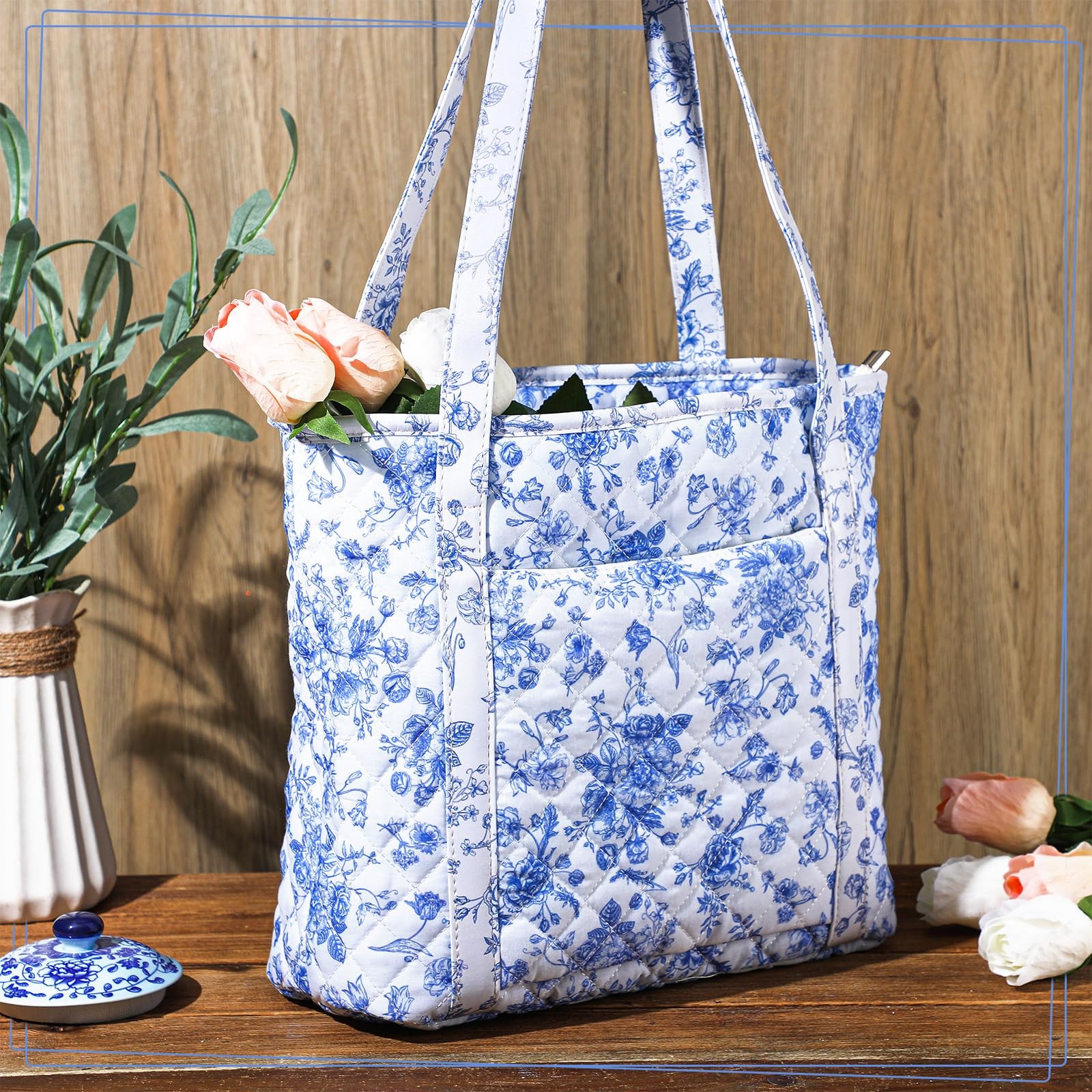 Quilted Tote Bag Large Blue Floral Cotton Shoulder Purse Zipper 12 x 15 Inches gallery