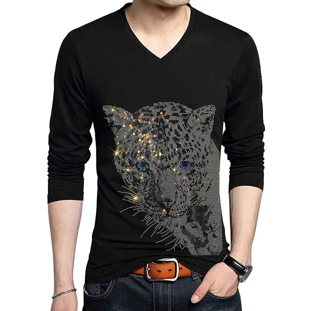 Fashion Trend Leopard Rhinestones Long Sleeve Luxury Men V-Neck T-Shirt