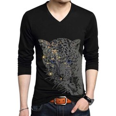 Fashion Trend Leopard Rhinestones Long Sleeve Luxury Men V-Neck T-Shirt