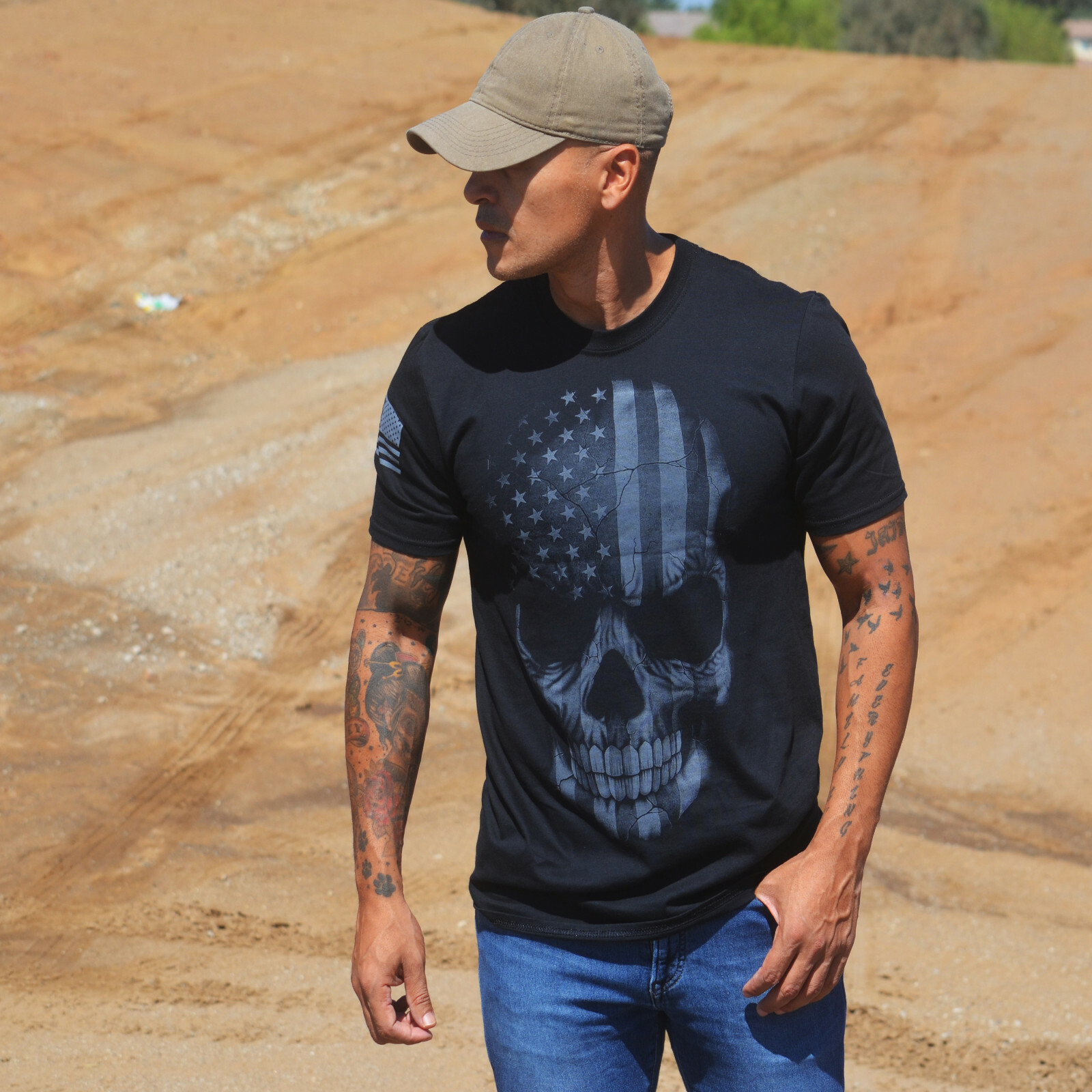 Skull USA Distressed Men T Shirt American Flag Tee Gym Biker gallery
