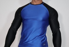 MEN’S BLACK/BLUE LONG SLEEVE SHINY COMPRESSION SHIRT SIZE SMALL