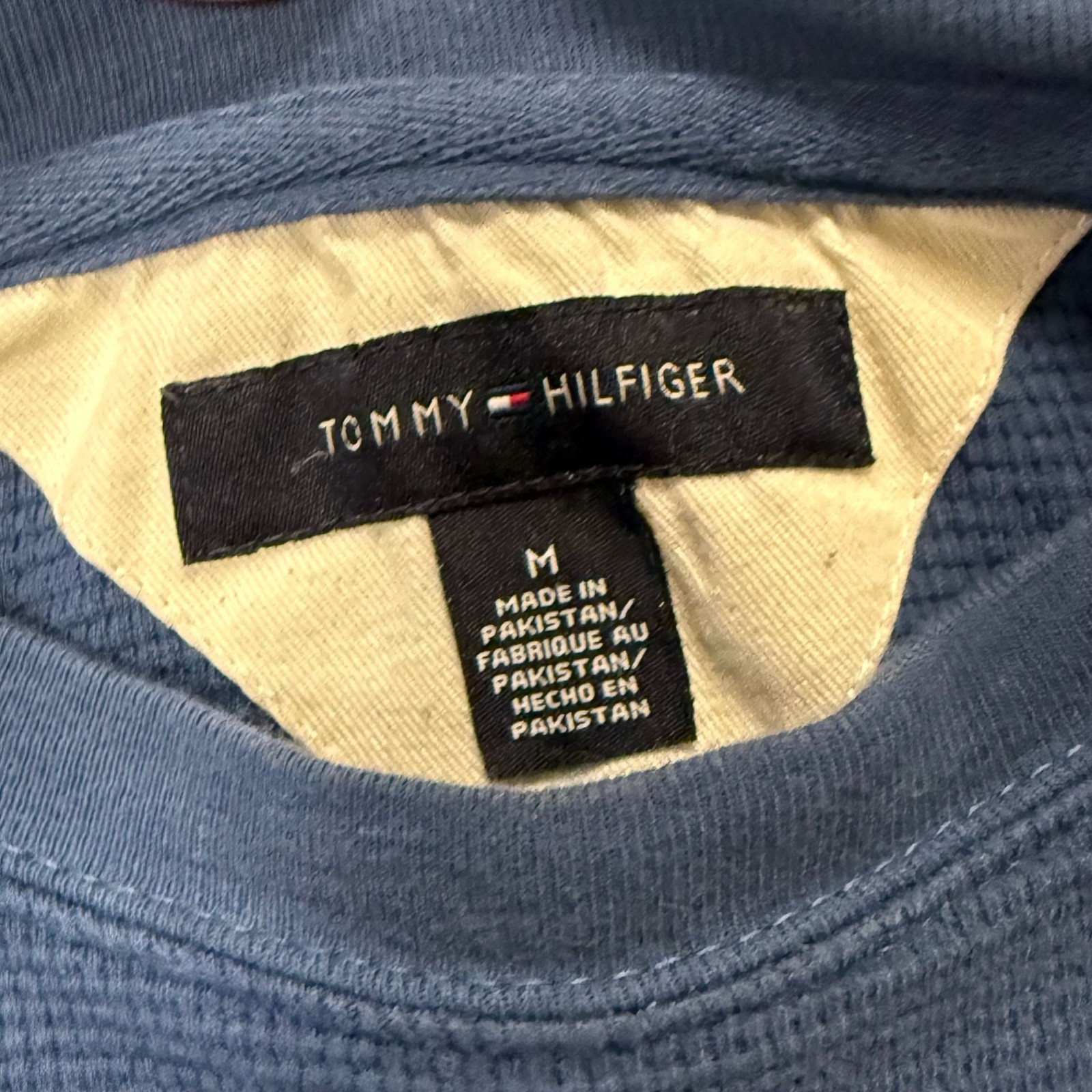 Tommy Hilfiger Vintage Style Blue Waffle Knit Long Sleeve Shirt with Brown Spell gallery