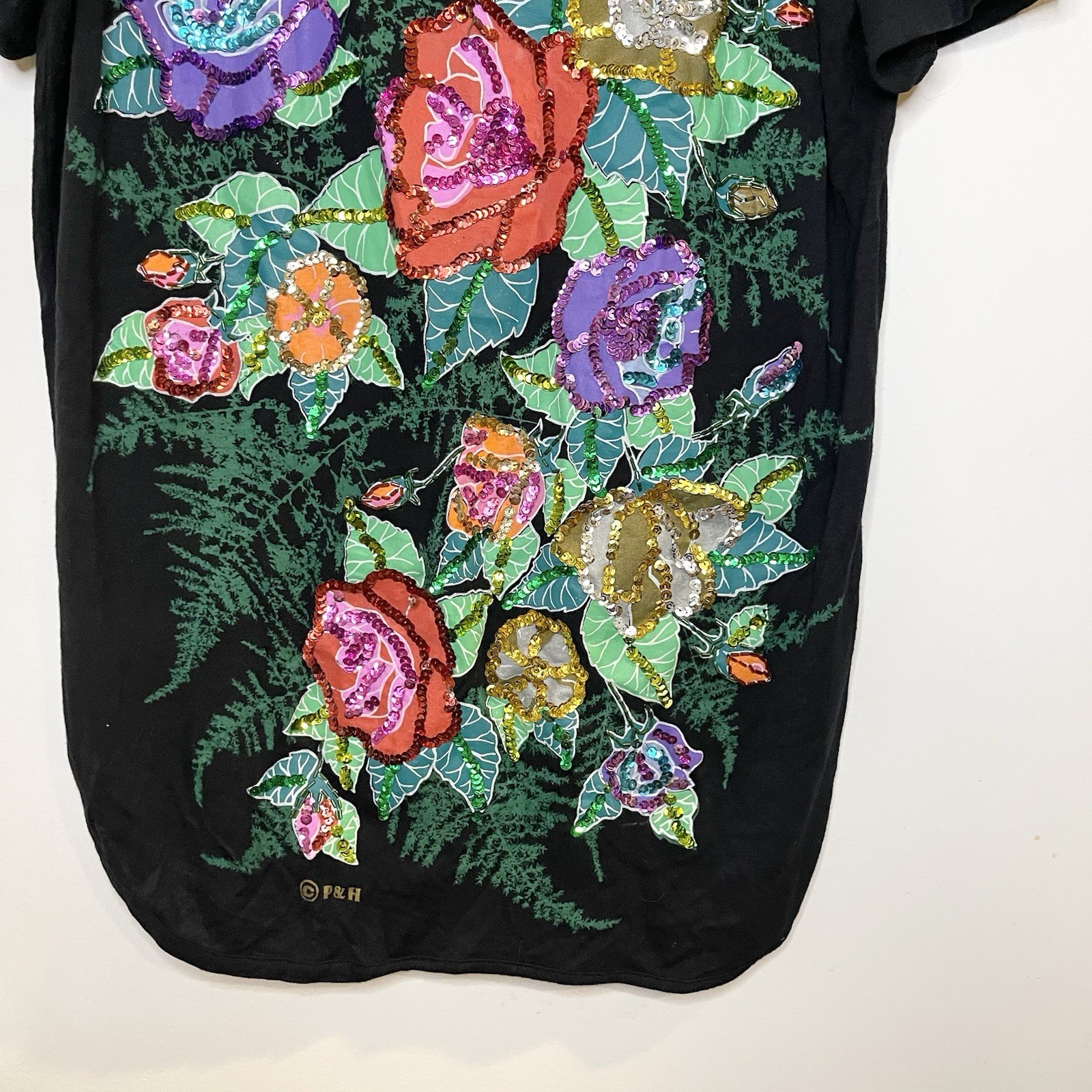 90s 80 Vintage Floral Graphic T Shirt Single Stitch Sequin Hand Made In Bali M gallery