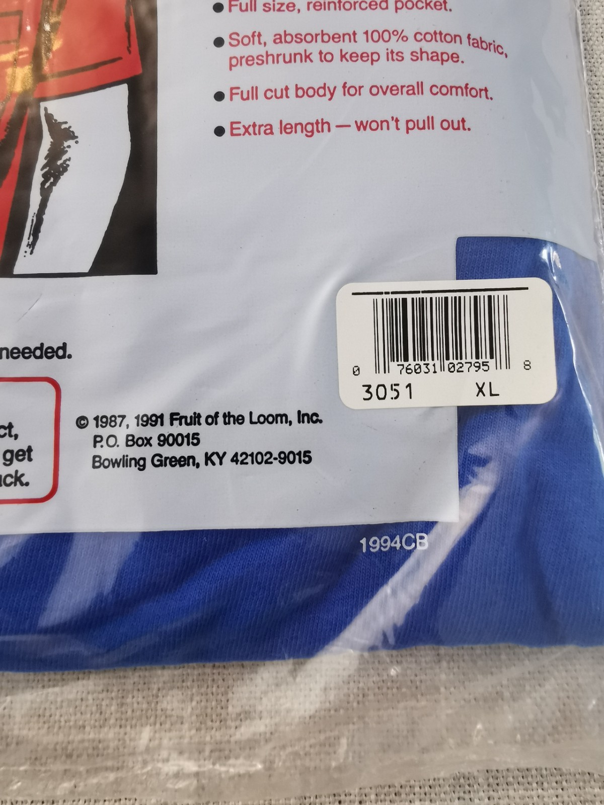 NOS VTG 1991 Fruit of the Loom Pocket T-Shirt BLUE Made in USA XL Single Stitch gallery